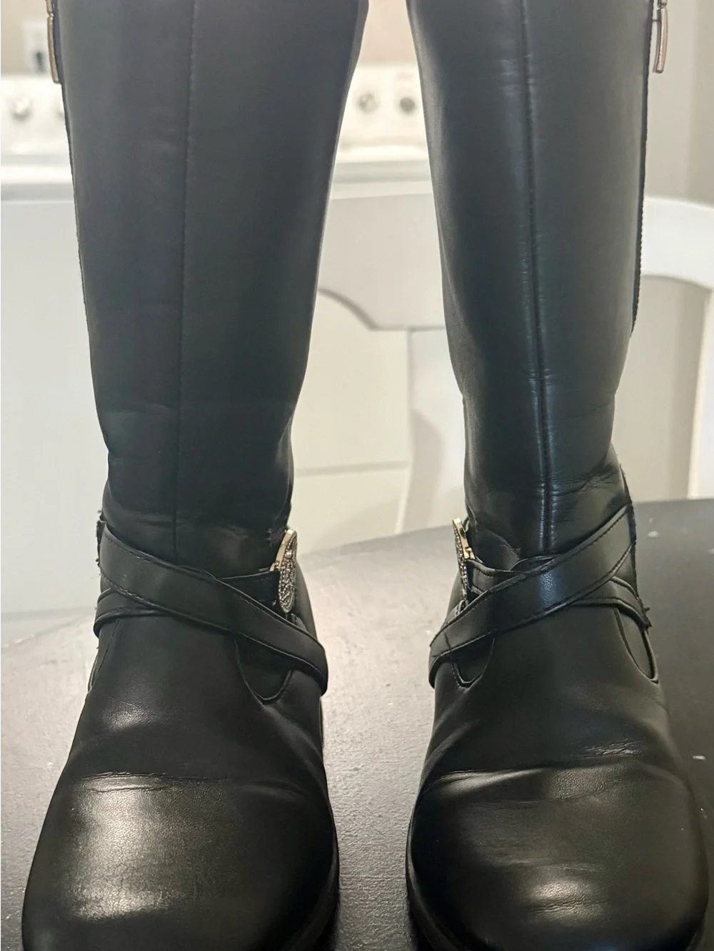 Girls Bebe Black Mid-Calf Boots with Rhinestone Buckle - Size 12 EUC